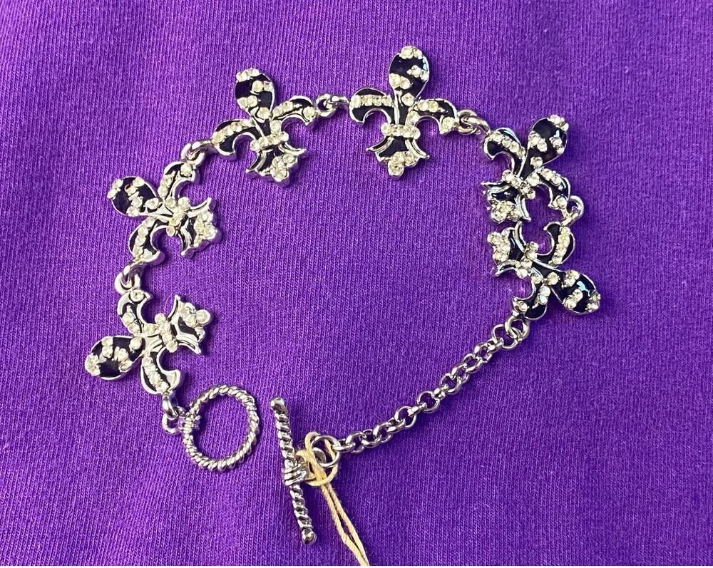 Fleur de Lis Black Enamel Rhinestone Silver-Toned 8.5-inch Bracelet